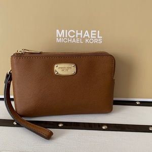 Michael Kors double zip brown leather Wristlet